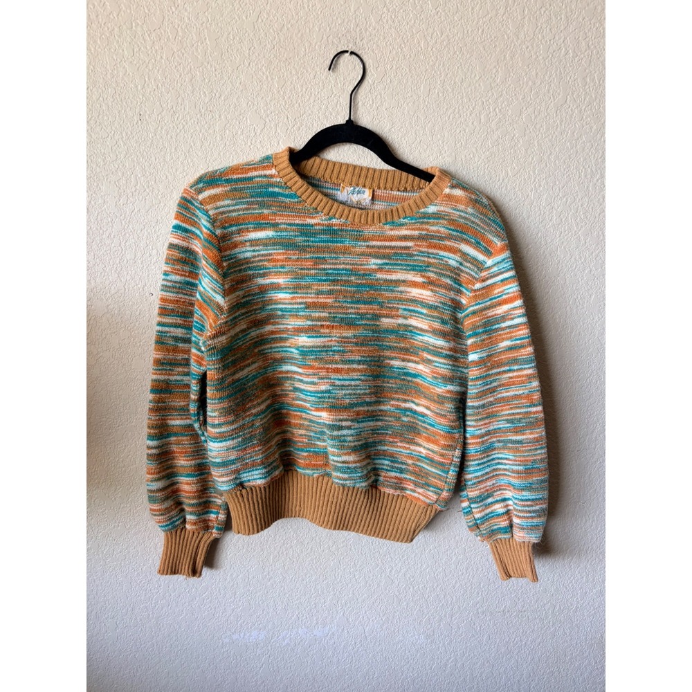 Vintage Fashion Womens Space Dye Knit XS Sweater Tan‎ Teal Crew Neck Ribbed Trim - Picture 2 of 11